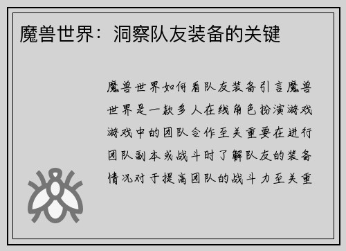 魔兽世界：洞察队友装备的关键